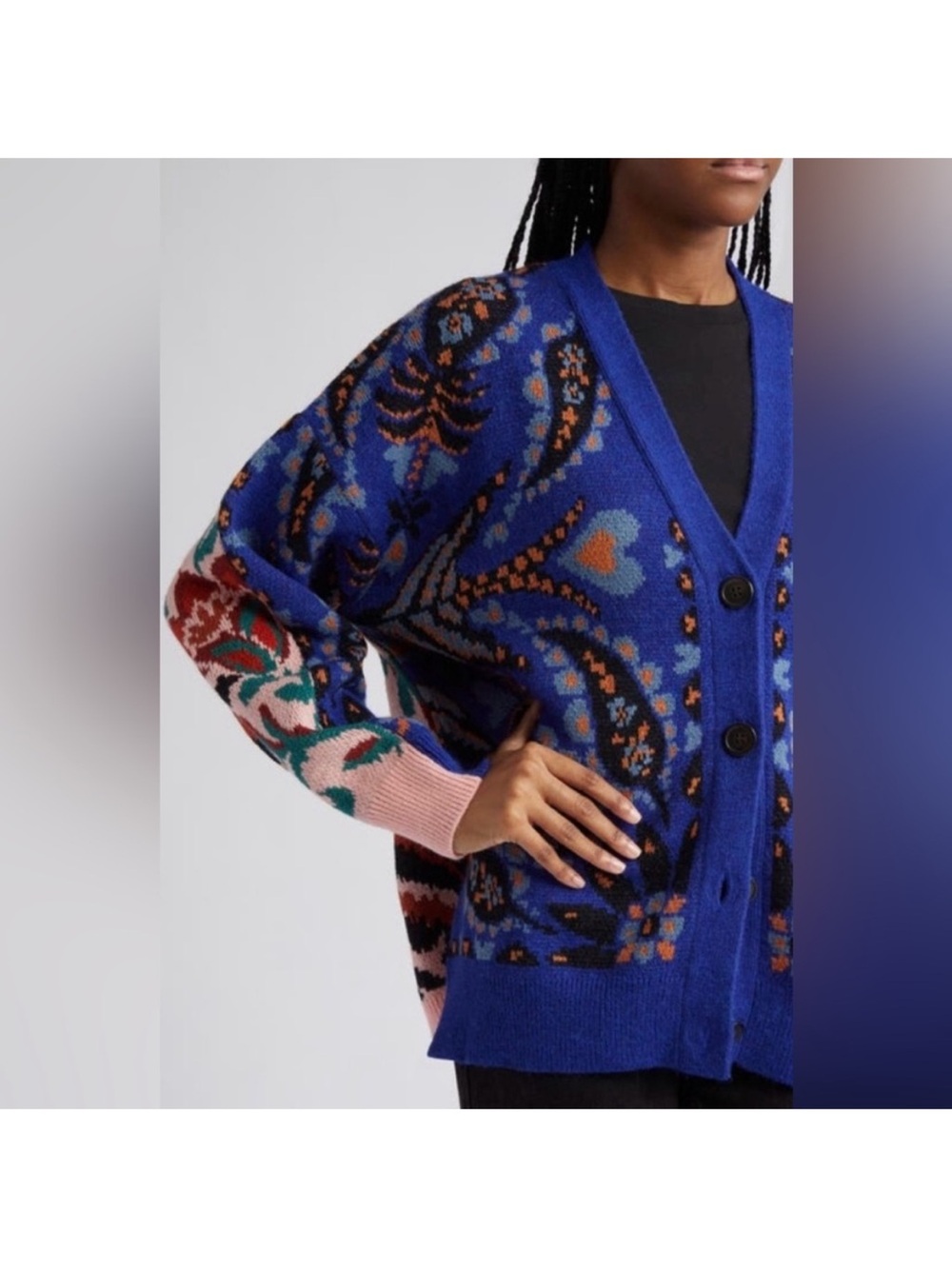 Farm Rio bold Button Cardigan Sweater floral with pink contrast on back